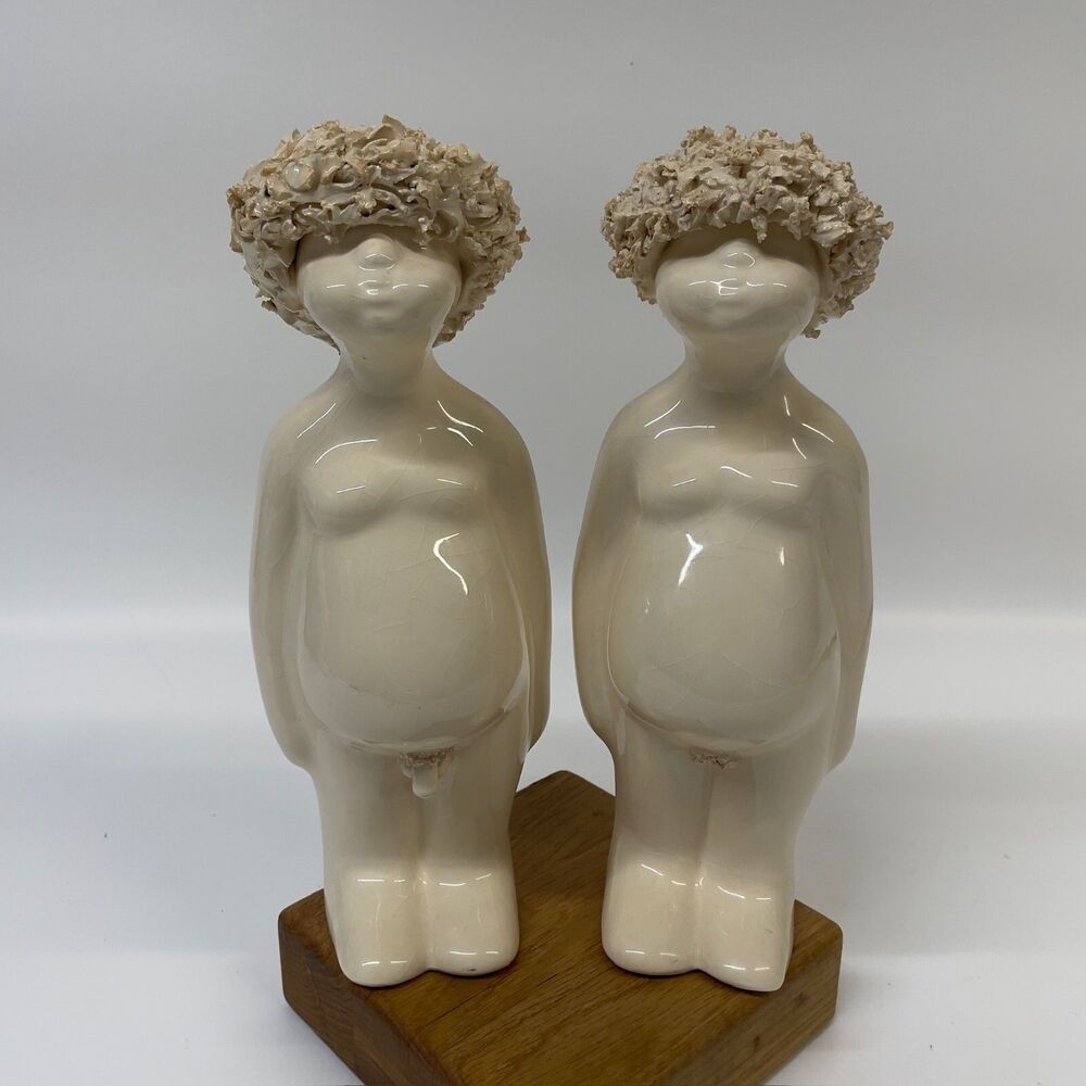 Algarve Portugal Crackle Glazed Porcelain Nude Statues RARE - Set of 2